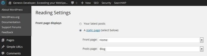 WordPress admin setting for static home page and blog page