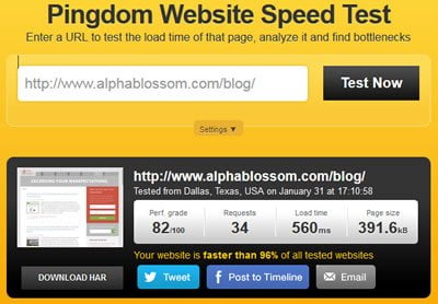 AlphaBlossom Pingdom blog home page test after WP Rocket