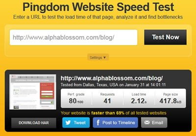 AlphaBlossom Pingdom blog home page test before WP Rocket