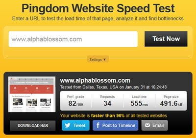 AlphaBlossom Pingdom home page test after WP Rocket