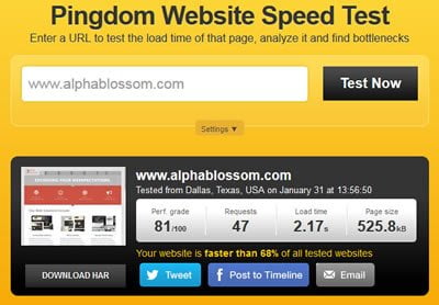 AlphaBlossom Pingdom home page test before WP Rocket