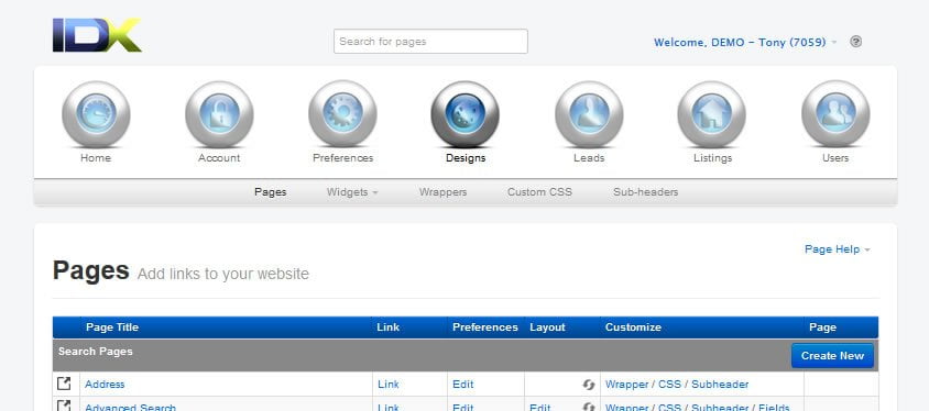 IDX Broker admin design pages