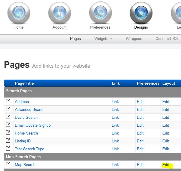 IDX Broker admin panel for changing the Map Search template