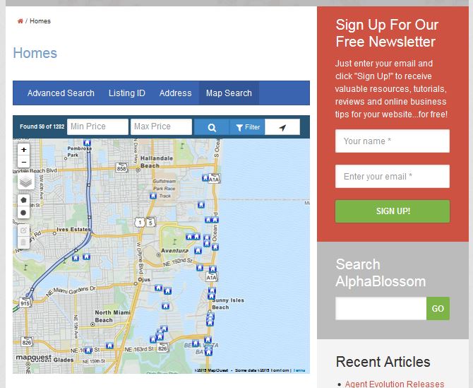 IDX Broker Responsive Map page on reduced screen size desktop
