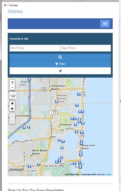 IDX Broker Mobile Responsive Map Search page on a narrow screen size