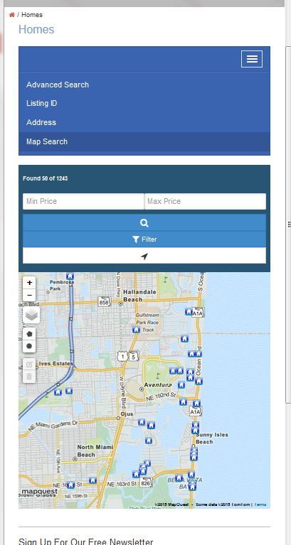 IDX Broker Mobile Responsive Map Search Page with toggle menu open