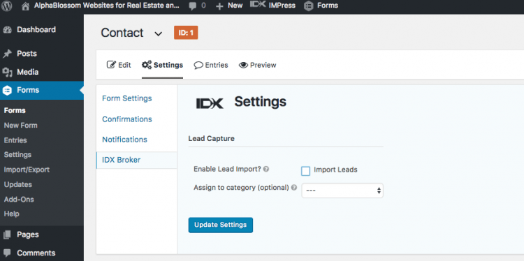 Gravity Forms IDX Broker Settings