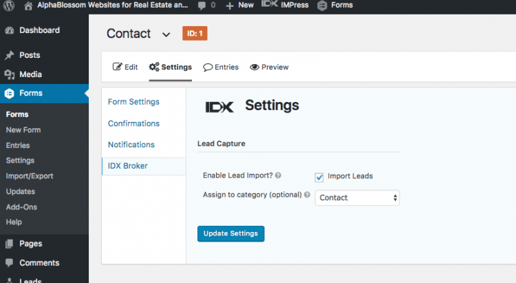 Gravity Forms IDX Broker Settings selected