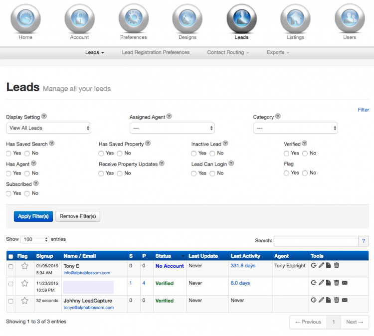 IDX Broker admin leads panel